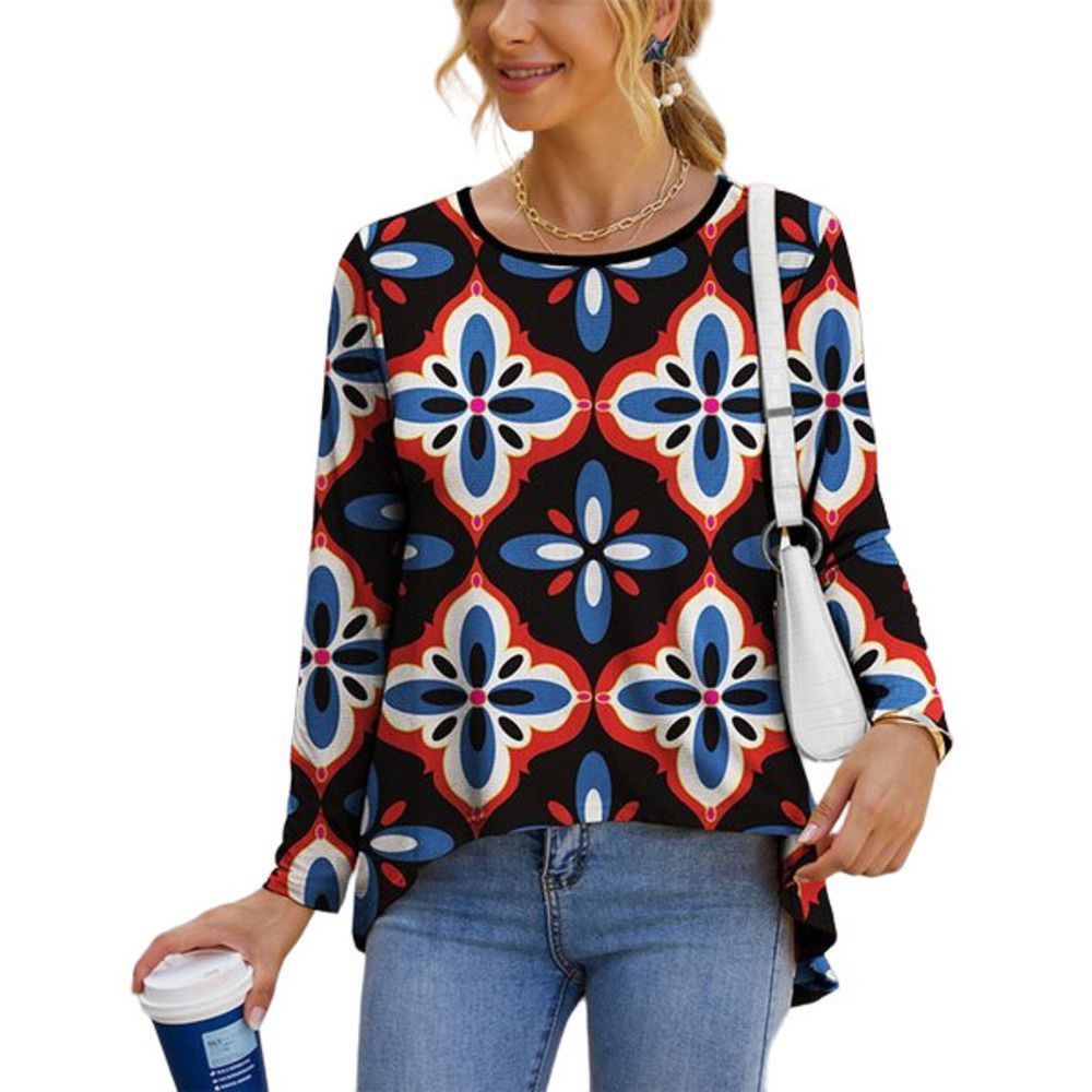 IZURIA Black & Red Flowers Waffle Knit High Low Long Sleeve Top Size M